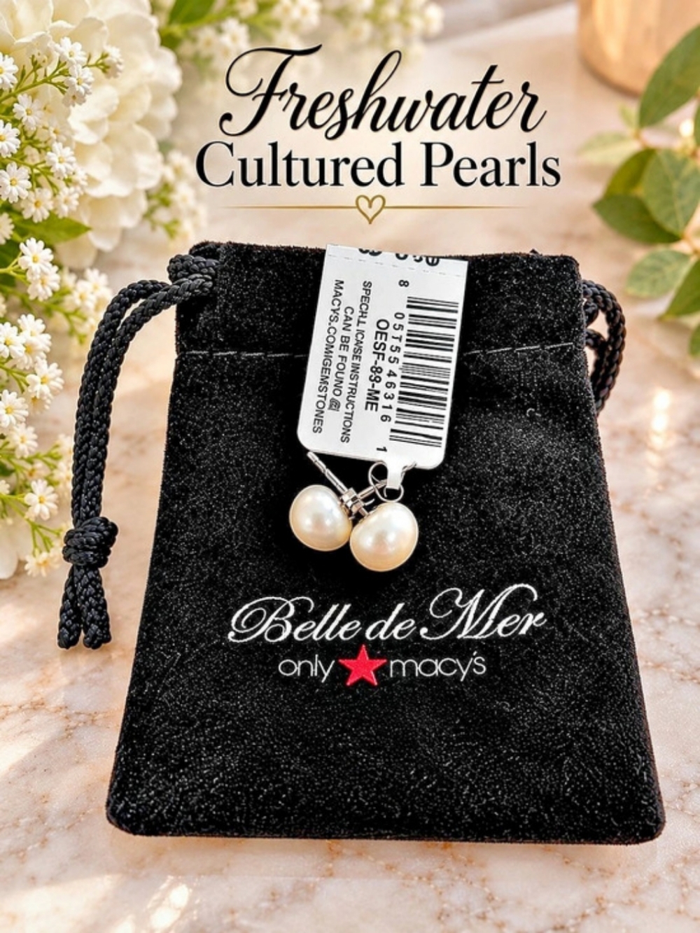 Belle de Mer Cultured Freshwater Pearl Stud Earrings White & Gold